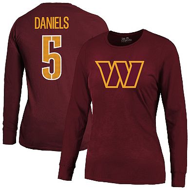 Women's Majestic Threads Jayden Daniels Burgundy Washington Commanders Player Name & Number Long Sleeve T-Shirt