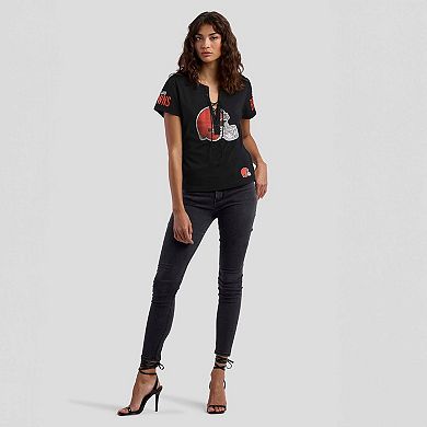 Women's WEAR by Erin Andrews x Gracie Hunt Black Cleveland Browns Draft Me Lace-Up T-Shirt