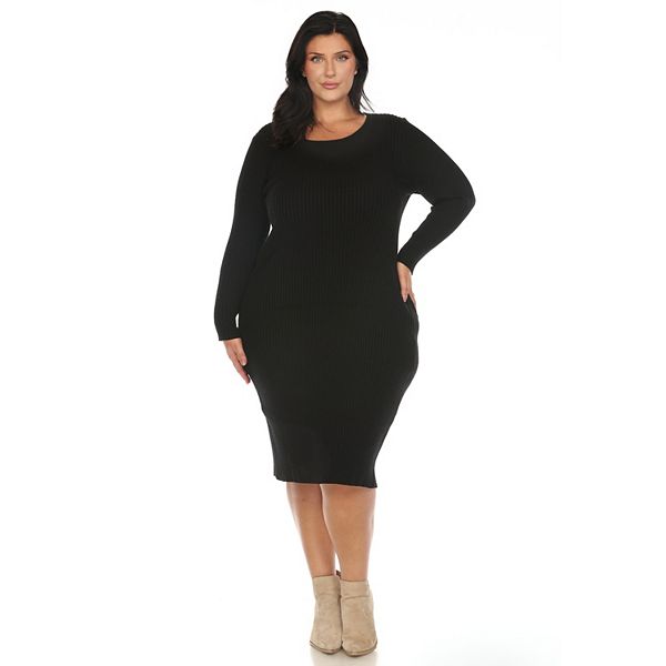 Plus Size Long Sleeve Rib Midi Sweater Dress Brown 2X -White Mark