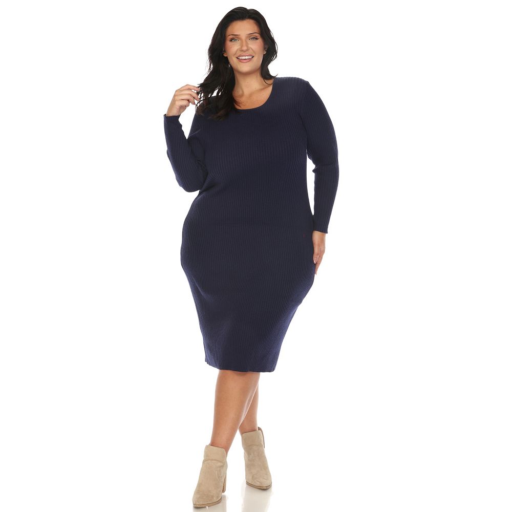 White Mark Women's Plus Size Long Sleeve Rib Midi Sweater Dress