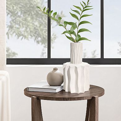LuxenHome White Fluted 11.8-inch Tall Stoneware Table Vase