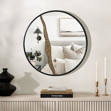 LuxenHome Goldrush Black Metal Frame Round Wall Mirror