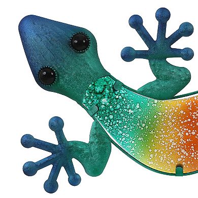 LuxenHome 24-inch Blue Gecko Lizard Metal And Glass Outdoor Wall Decor