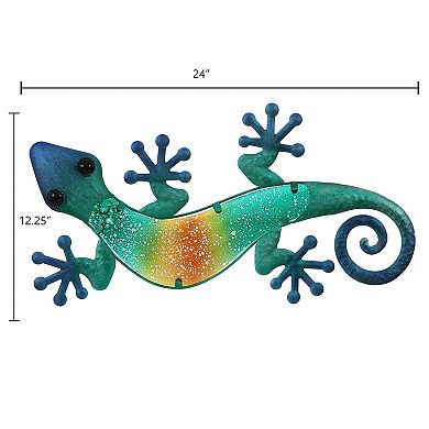 LuxenHome 24-inch Blue Gecko Lizard Metal And Glass Outdoor Wall Decor