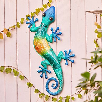 LuxenHome 24-inch Blue Gecko Lizard Metal And Glass Outdoor Wall Decor