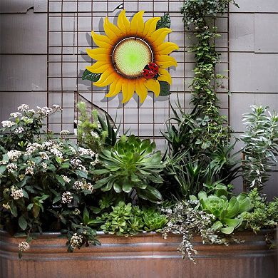 LuxenHome Sunflower Metal And Glass Outdoor Wall Decor