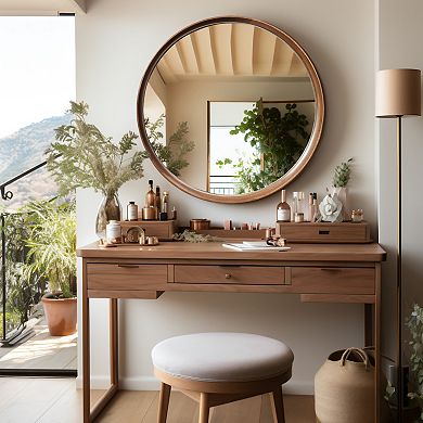 LuxenHome Natural Rubberwood Frame Round Wall Mirror