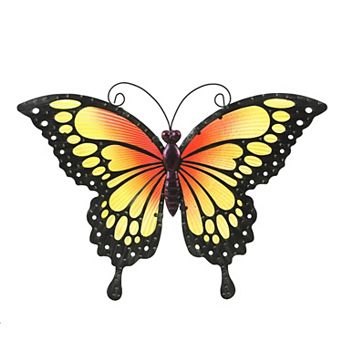 LuxenHome Orange and Yellow Butterfly Metal And Glass Outdoor Wall Decor