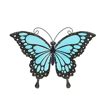 LuxenHome Blue Butterfly Glass And Metal Outdoor Wall Decor