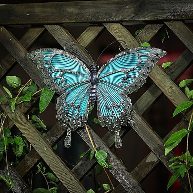 LuxenHome Blue Butterfly Glass And Metal Outdoor Wall Decor