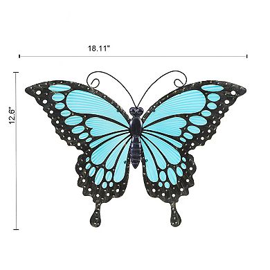 LuxenHome Blue Butterfly Glass And Metal Outdoor Wall Decor