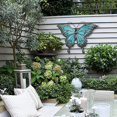 LuxenHome Blue Butterfly Glass And Metal Outdoor Wall Decor