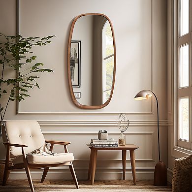 LuxenHome Natural Rubberwood Frame Rounded Rectangle Wall Mirror