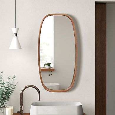 LuxenHome Natural Rubberwood Frame Rounded Rectangle Wall Mirror