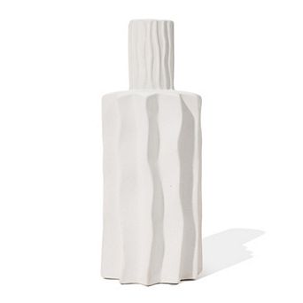 LuxenHome White Fluted 15-inch Tall Stoneware Table Vase