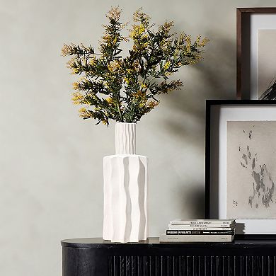 LuxenHome White Fluted 15-inch Tall Stoneware Table Vase