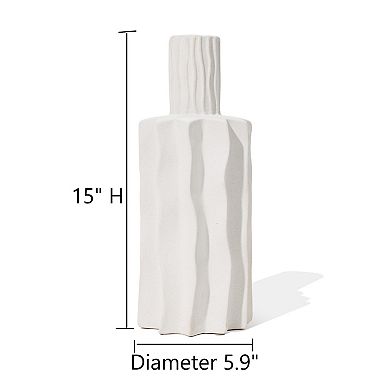 LuxenHome White Fluted 15-inch Tall Stoneware Table Vase