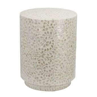 18 Inch Luxury Accent Table Stool, Foliage Star Pattern, Champagne White