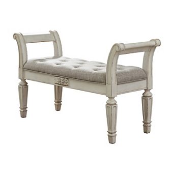 46 in Tufted Fabric Padded Wooden Accent Bench, Antique White