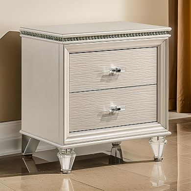 Nightstand With Textured 2 Drawers And Acrylic Legs, Pearl White