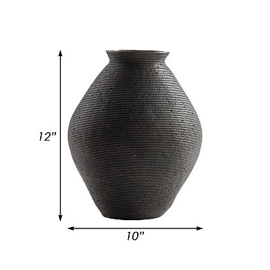 Dale 12 Inch Round Polyresin Vase, Wavy Ribbed Spiral Texture Antique Brown