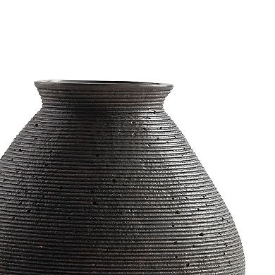 Dale 12 Inch Round Polyresin Vase, Wavy Ribbed Spiral Texture Antique Brown