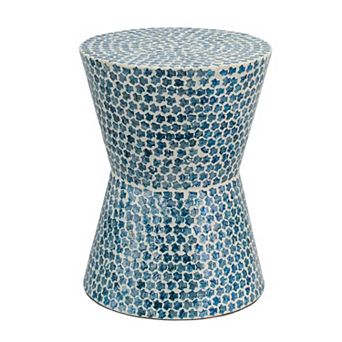 Ivy 20 Inch Luxury Accent Table Stool, Mosaic Tile Pattern, White, Blue