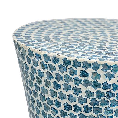 Ivy 20 Inch Luxury Accent Table Stool, Mosaic Tile Pattern, White, Blue