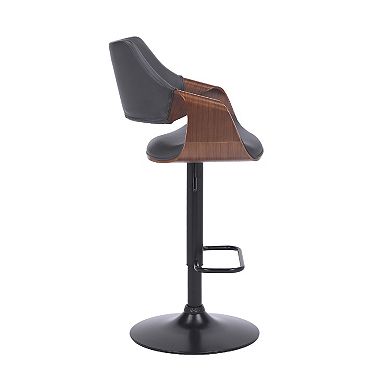 Adjustable Barstool With Faux Leather And Wooden Support, Black And Gray