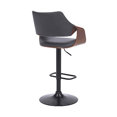 Adjustable Barstool With Faux Leather And Wooden Support, Black And Gray