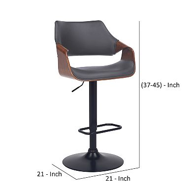 Adjustable Barstool With Faux Leather And Wooden Support, Black And Gray