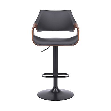 Adjustable Barstool With Faux Leather And Wooden Support, Black And Gray