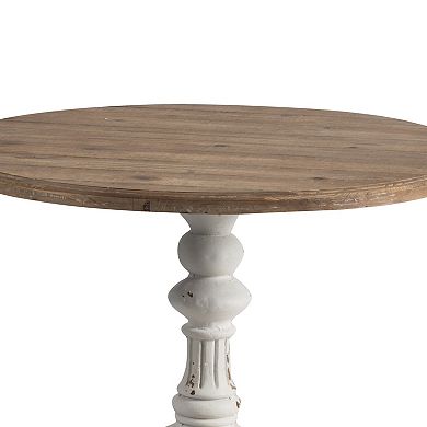 Prana 31 Inch Round Accent Table, Expertly Carved Fir Wood, Brown, Antique White