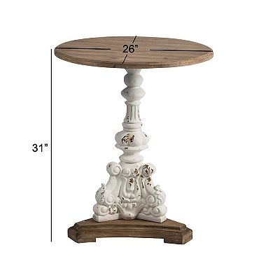 Prana 31 Inch Round Accent Table, Expertly Carved Fir Wood, Brown, Antique White
