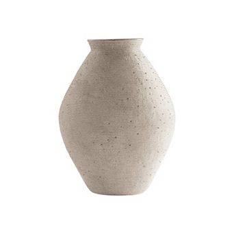 Dale 17 Inch Round Polyresin Vase, Tightly Ribbed Texture, Antique Beige