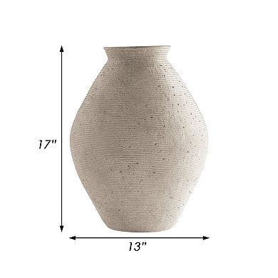 Dale 17 Inch Round Polyresin Vase, Tightly Ribbed Texture, Antique Beige