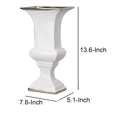Ceramic Decorative Urn With Rectangular Opening, Large, White & Silver