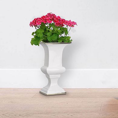 Ceramic Decorative Urn With Rectangular Opening, Large, White & Silver
