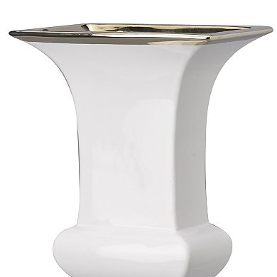 Ceramic Decorative Urn With Rectangular Opening, Large, White & Silver