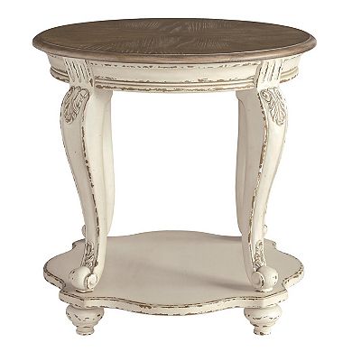 Round Wooden End Table With Open Bottom Shelf, Brown And Antique White