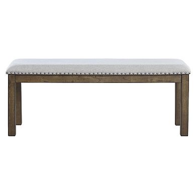 Nailhead Trim Wooden Dining Bench With Fabric Upholstery, Brown And Gray