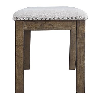 Nailhead Trim Wooden Dining Bench With Fabric Upholstery, Brown And Gray
