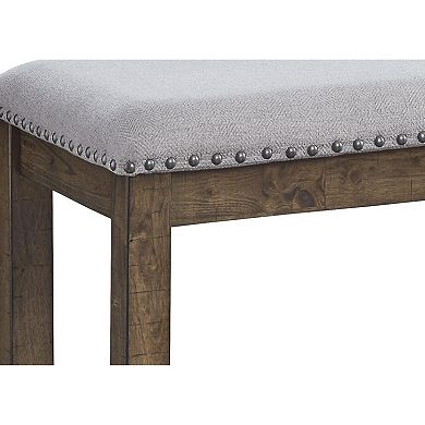 Nailhead Trim Wooden Dining Bench With Fabric Upholstery, Brown And Gray