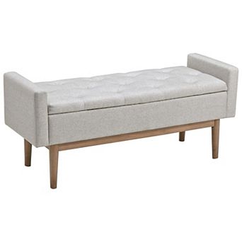 Tufted Fabric Storage Bench With Low Profile Elevated Arms, Light Gray