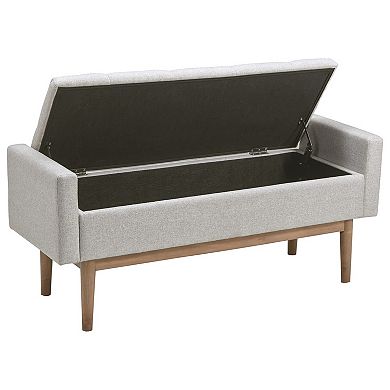Tufted Fabric Storage Bench With Low Profile Elevated Arms, Light Gray