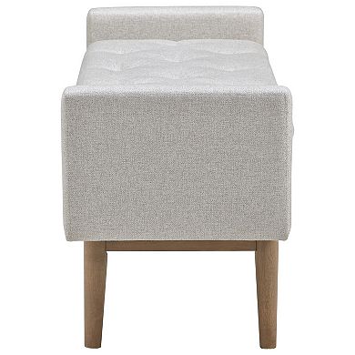 Tufted Fabric Storage Bench With Low Profile Elevated Arms, Light Gray