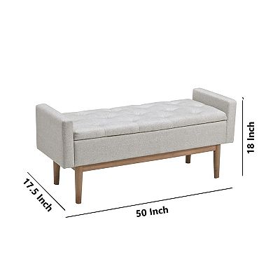 Tufted Fabric Storage Bench With Low Profile Elevated Arms, Light Gray