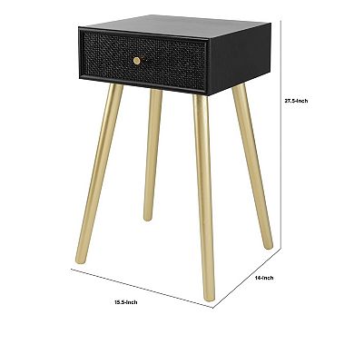 Gaia 28 Inch Pine Wood Side End Table, Gliding Rattan Drawer, Black, Gold