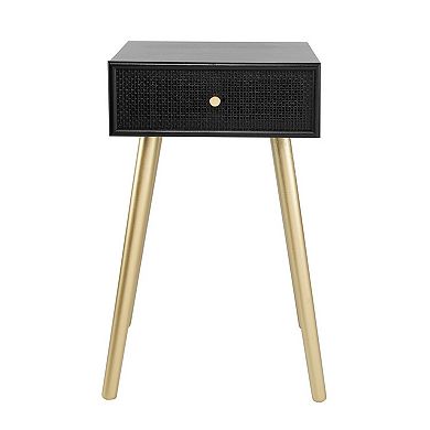 Gaia 28 Inch Pine Wood Side End Table, Gliding Rattan Drawer, Black, Gold