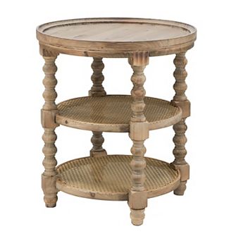 Jake 25 Inch 3 tier Side Table, Fir Wood, 2 Woven Wicker Shelves, Brown